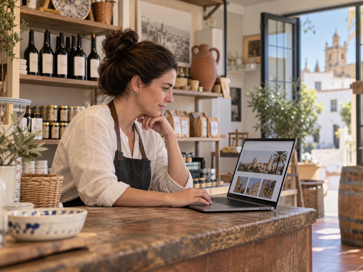 Persona al frente de un negocio local revisando una web en su portátil