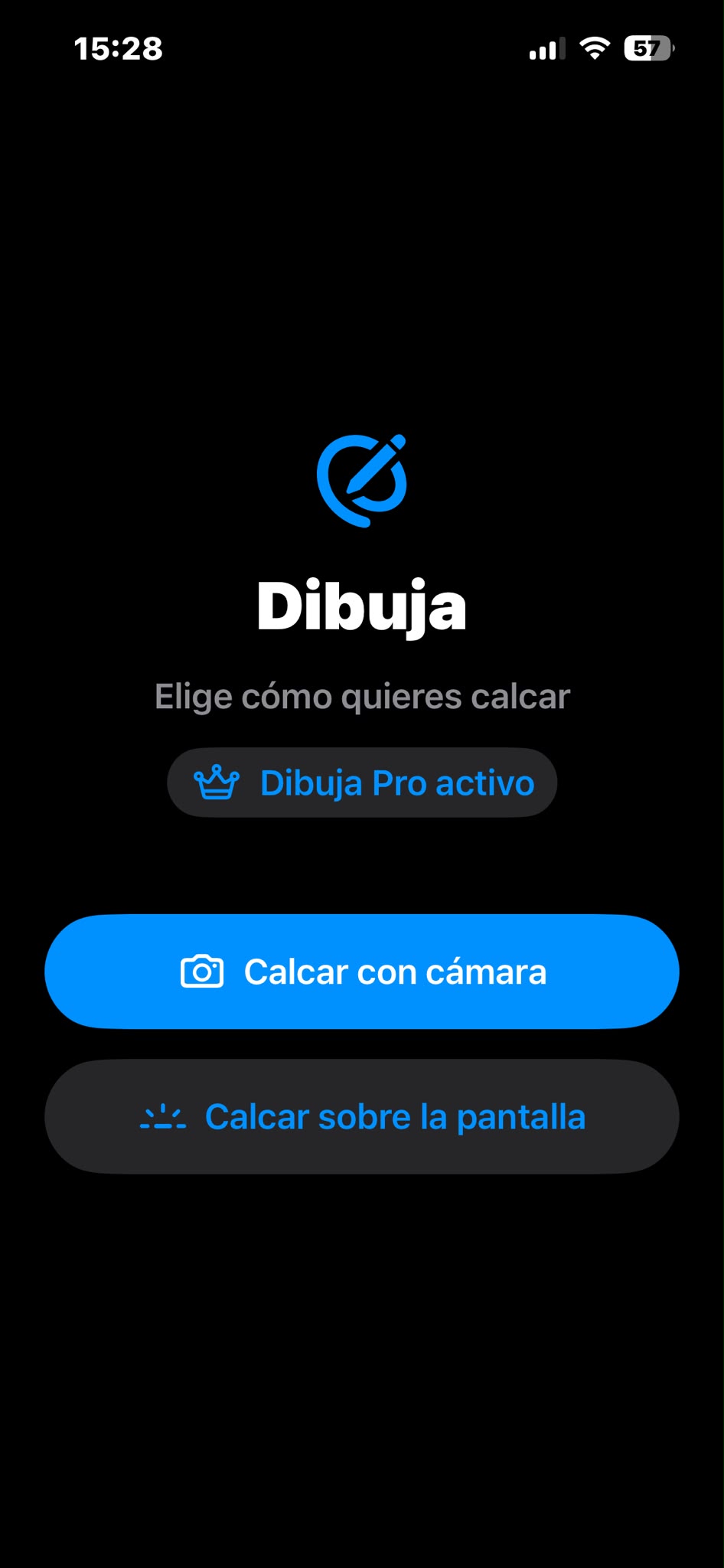 Pantalla de inicio de Dibuja con las opciones Calcar con cámara y Calcar sobre la pantalla